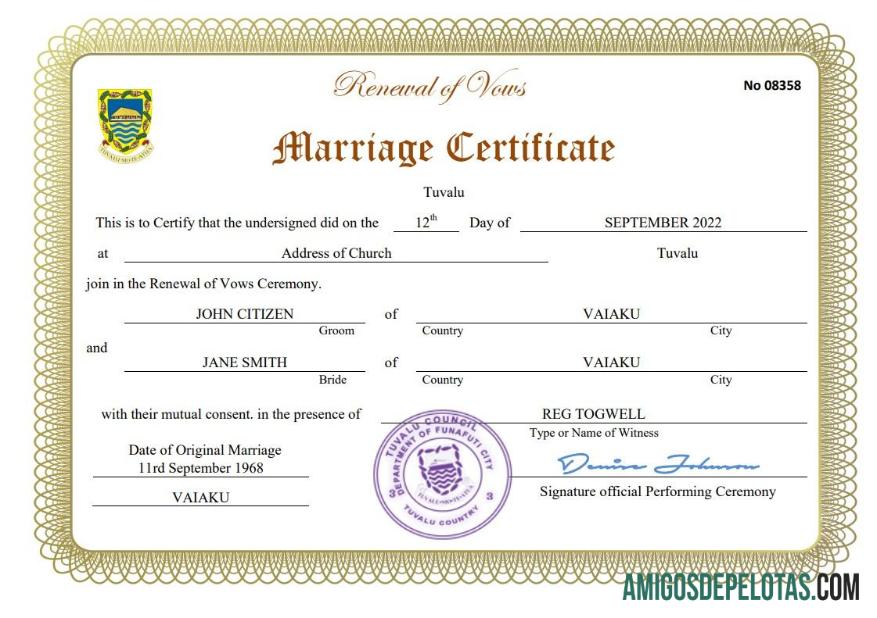 Imprimível modelo Word e PDF de certidão de casamento de Tuvalu